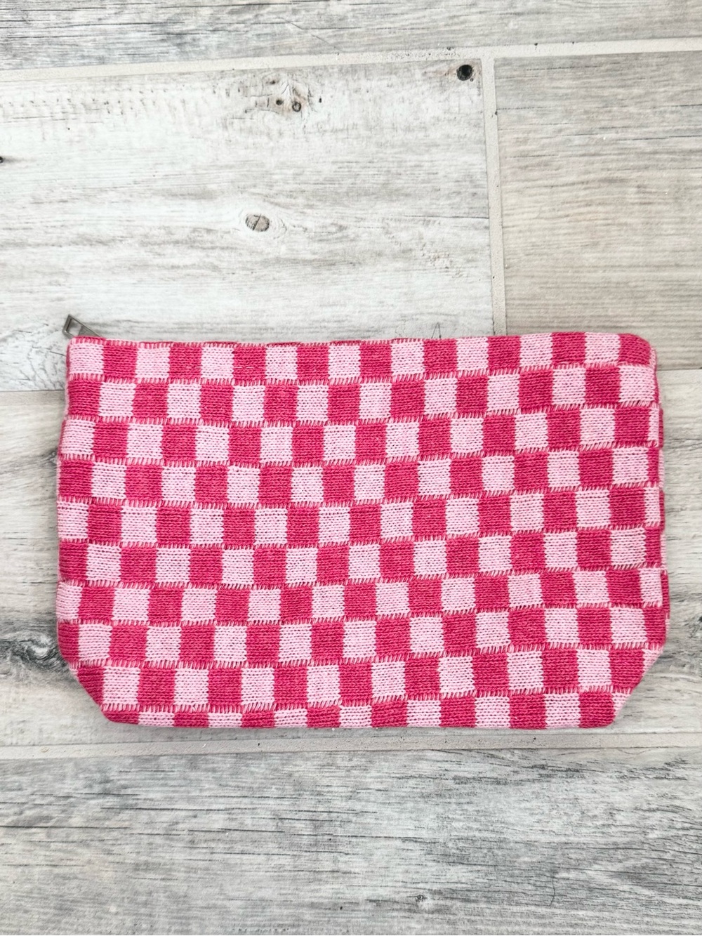 Pink Checkered Large Makeup Toiletry Clutch Zipper Pouch